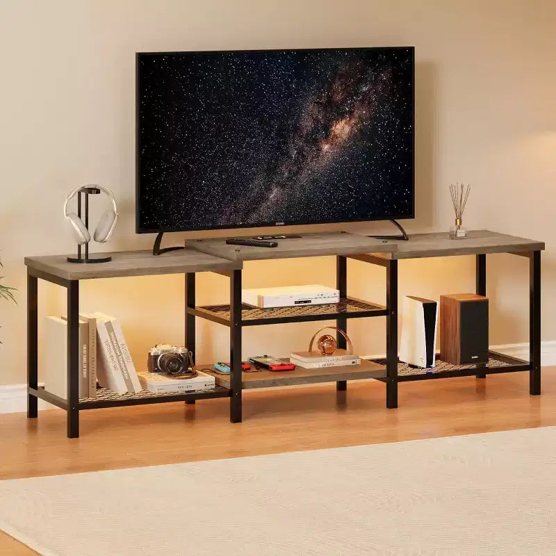 Mobile TV industriale da 67 pollici, ripiani aperti, mobile consolle in legno con struttura in metallo, tavolino console multimediale moderno, per soggiorno