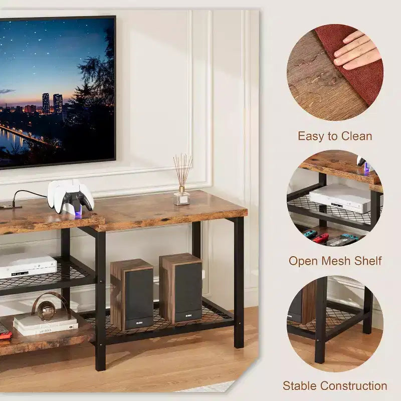 Mobile TV industriale da 67 pollici, ripiani aperti, mobile consolle in legno con struttura in metallo, tavolino console multimediale moderno, per soggiorno