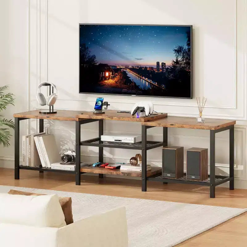 Mobile TV industriale da 67 pollici, ripiani aperti, mobile consolle in legno con struttura in metallo, tavolino console multimediale moderno, per soggiorno