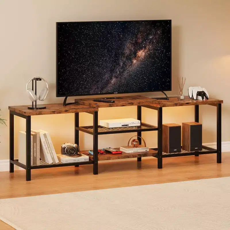 Mobile TV industriale da 67 pollici, ripiani aperti, mobile consolle in legno con struttura in metallo, tavolino console multimediale moderno, per soggiorno