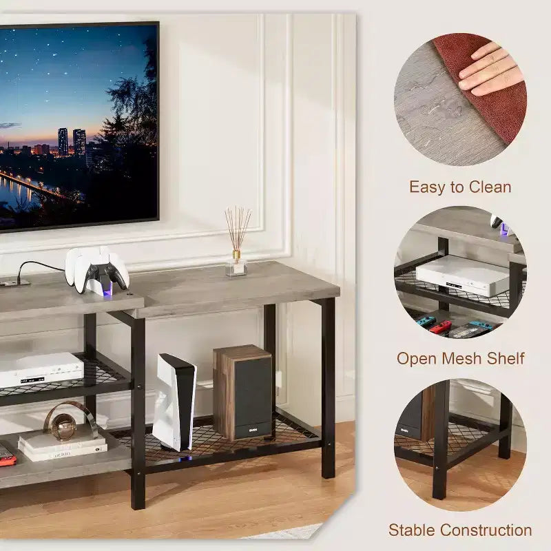 Mobile TV industriale da 67 pollici, ripiani aperti, mobile consolle in legno con struttura in metallo, tavolino console multimediale moderno, per soggiorno