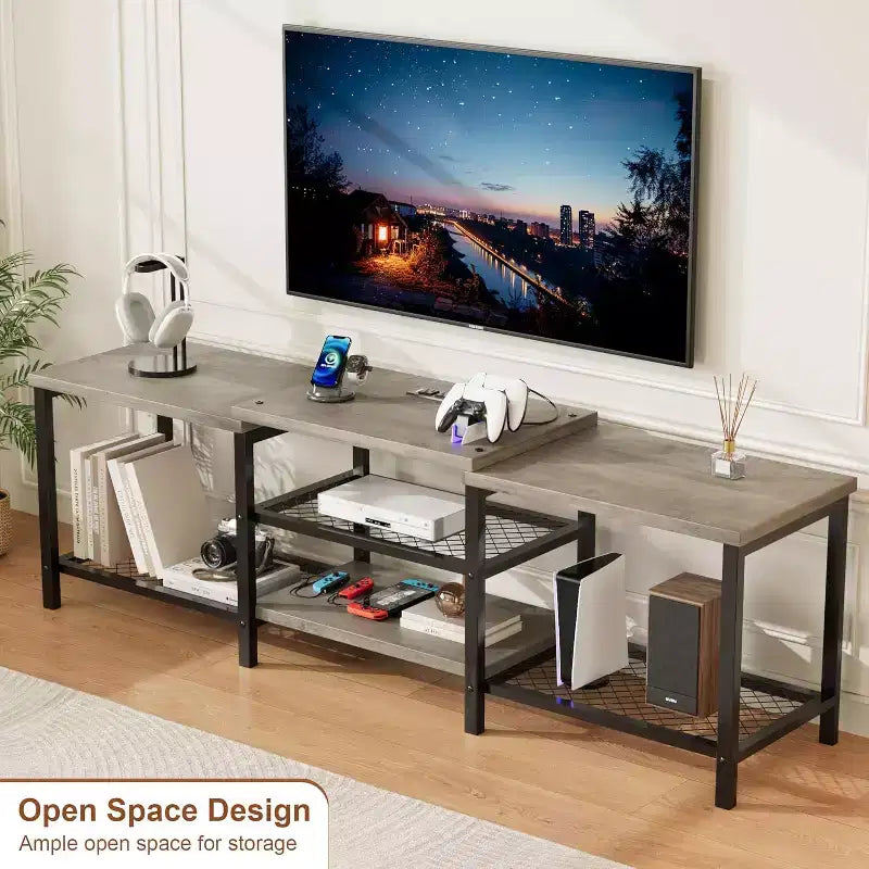 Mobile TV industriale da 67 pollici, ripiani aperti, mobile consolle in legno con struttura in metallo, tavolino console multimediale moderno, per soggiorno