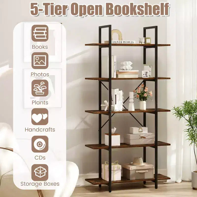 Libreria a 5 Ripiani Alta 157 cm, Scaffale Industriale Vintage con Ripiani a Giorno, Confezione da 1 o 2 Pezzi