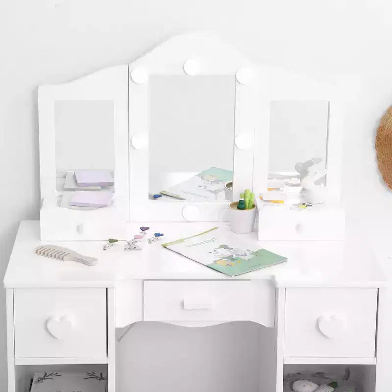 Toeletta 2-in-1 per bambine con specchio a tre ante e luci, scrivania da trucco da principessa in legno con sgabello e cassetto per il gioco di finzione