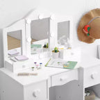 Toeletta 2-in-1 per bambine con specchio a tre ante e luci, scrivania da trucco da principessa in legno con sgabello e cassetto per il gioco di finzione