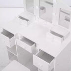 Toeletta 2-in-1 per bambine con specchio a tre ante e luci, scrivania da trucco da principessa in legno con sgabello e cassetto per il gioco di finzione