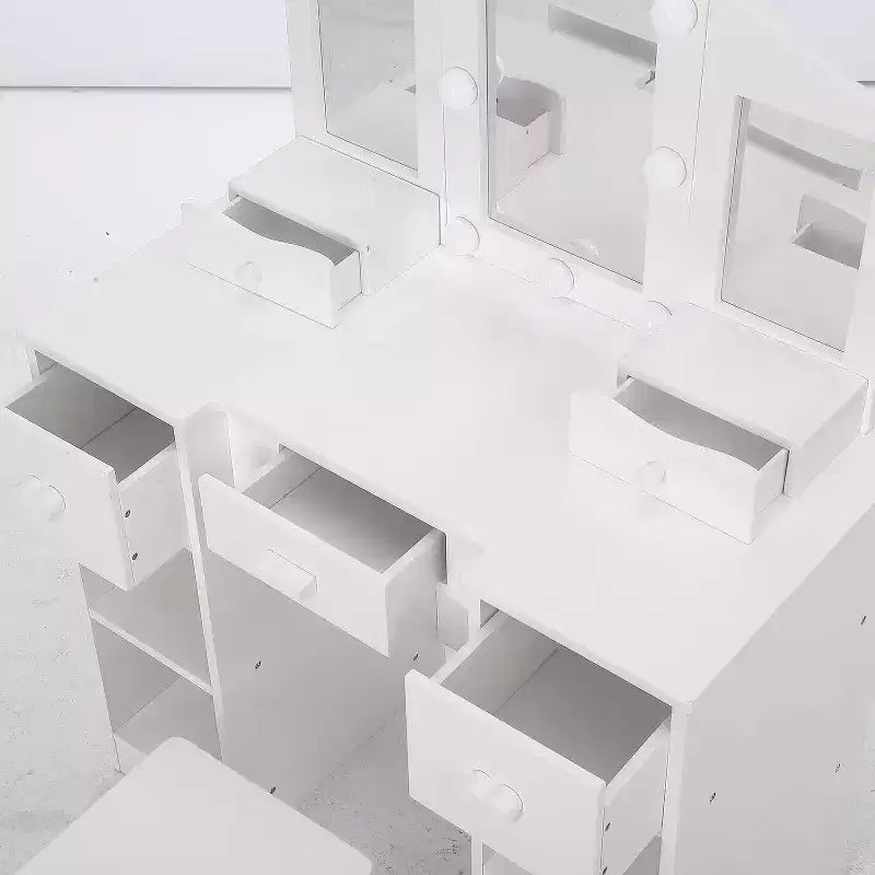 Toeletta 2-in-1 per bambine con specchio a tre ante e luci, scrivania da trucco da principessa in legno con sgabello e cassetto per il gioco di finzione