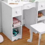 Toeletta 2-in-1 per bambine con specchio a tre ante e luci, scrivania da trucco da principessa in legno con sgabello e cassetto per il gioco di finzione