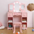Toeletta 2-in-1 per bambine con specchio a tre ante e luci, scrivania da trucco da principessa in legno con sgabello e cassetto per il gioco di finzione