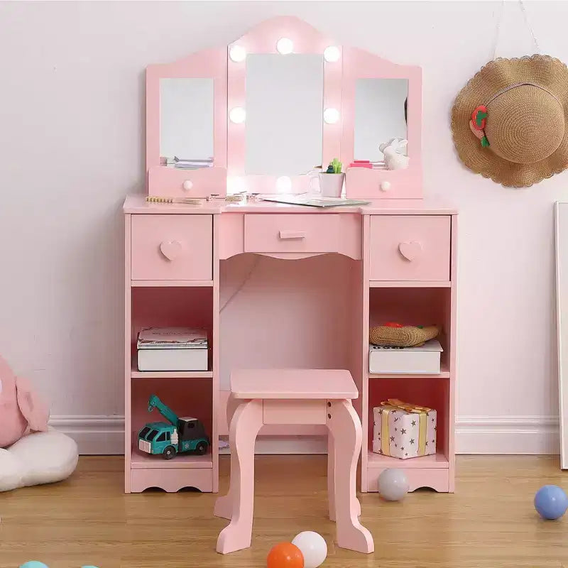 Toeletta 2-in-1 per bambine con specchio a tre ante e luci, scrivania da trucco da principessa in legno con sgabello e cassetto per il gioco di finzione