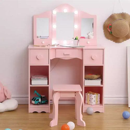 Toeletta 2-in-1 per bambine con specchio a tre ante e luci, scrivania da trucco da principessa in legno con sgabello e cassetto per il gioco di finzione