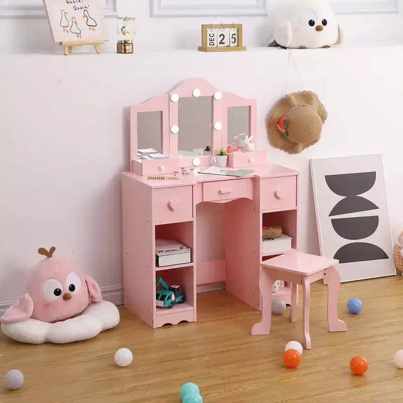 Toeletta 2-in-1 per bambine con specchio a tre ante e luci, scrivania da trucco da principessa in legno con sgabello e cassetto per il gioco di finzione