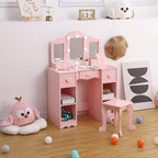 Toeletta 2-in-1 per bambine con specchio a tre ante e luci, scrivania da trucco da principessa in legno con sgabello e cassetto per il gioco di finzione