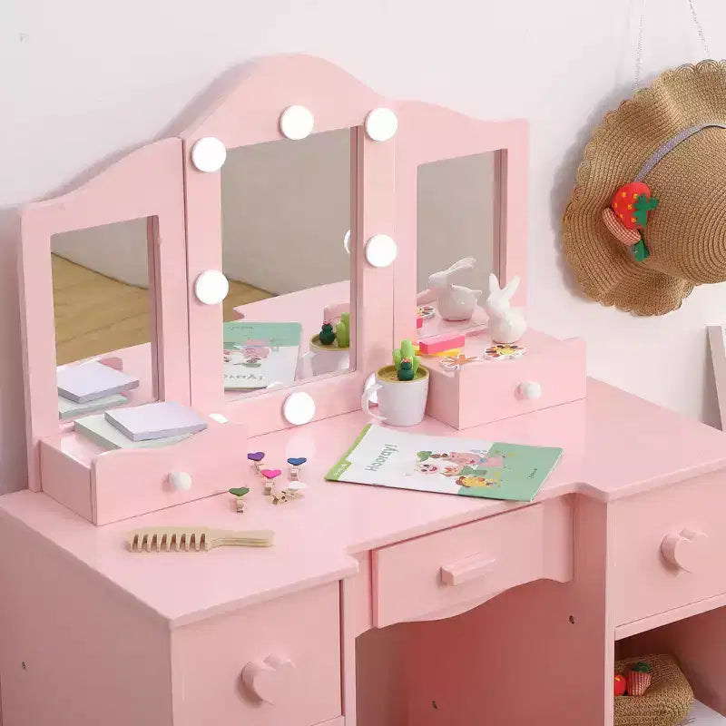 Toeletta 2-in-1 per bambine con specchio a tre ante e luci, scrivania da trucco da principessa in legno con sgabello e cassetto per il gioco di finzione