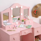 Toeletta 2-in-1 per bambine con specchio a tre ante e luci, scrivania da trucco da principessa in legno con sgabello e cassetto per il gioco di finzione