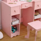Toeletta 2-in-1 per bambine con specchio a tre ante e luci, scrivania da trucco da principessa in legno con sgabello e cassetto per il gioco di finzione