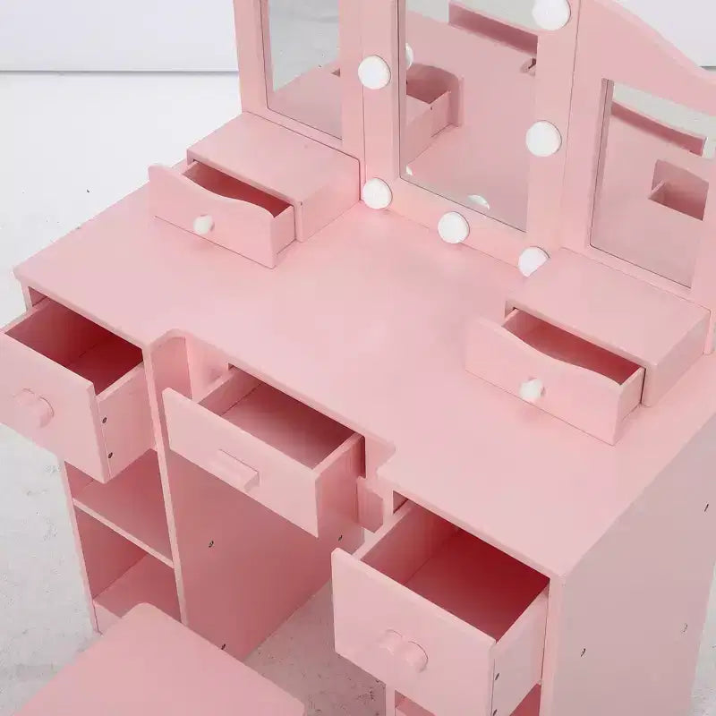 Toeletta 2-in-1 per bambine con specchio a tre ante e luci, scrivania da trucco da principessa in legno con sgabello e cassetto per il gioco di finzione