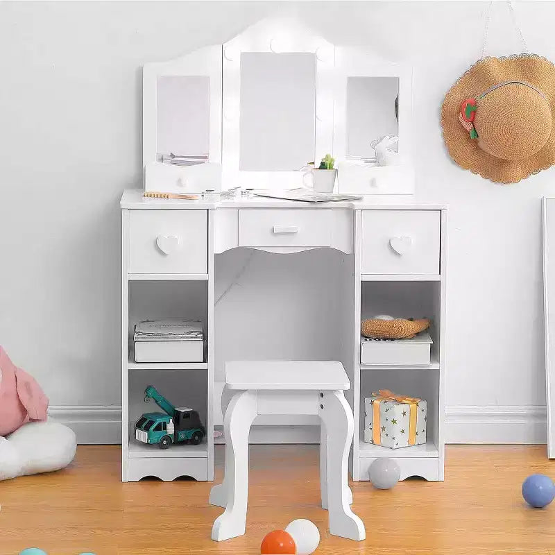Toeletta 2-in-1 per bambine con specchio a tre ante e luci, scrivania da trucco da principessa in legno con sgabello e cassetto per il gioco di finzione