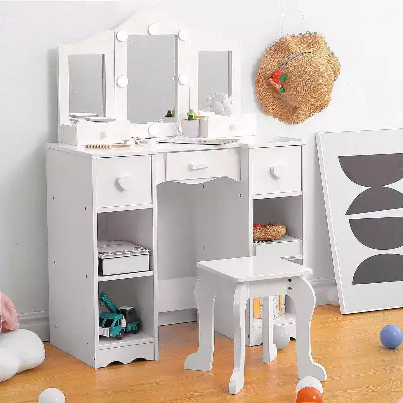 Toeletta 2-in-1 per bambine con specchio a tre ante e luci, scrivania da trucco da principessa in legno con sgabello e cassetto per il gioco di finzione