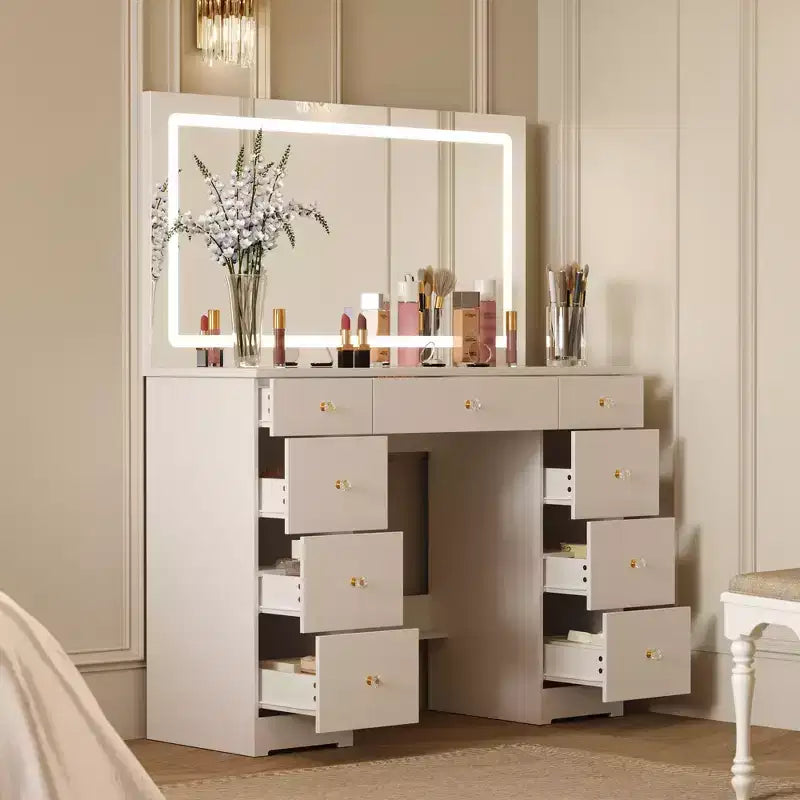 Elegante Toeletta Bianca con Ampio Specchio, Piano in Vetro e Ampio Spazio di Archiviazione - Scrivania da Trucco