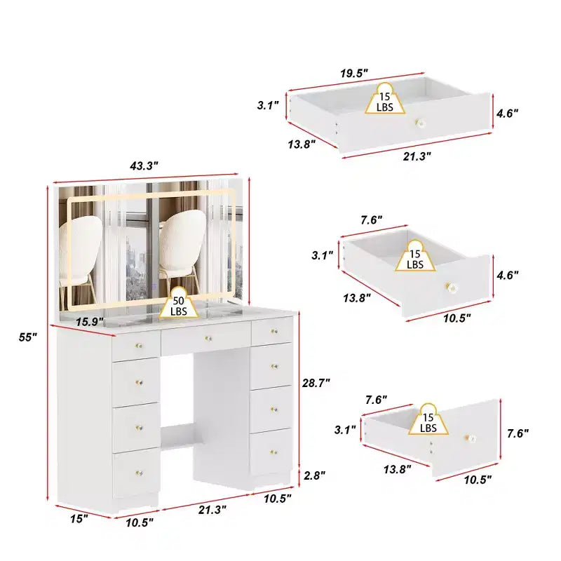 Elegante Toeletta Bianca con Ampio Specchio, Piano in Vetro e Ampio Spazio di Archiviazione - Scrivania da Trucco