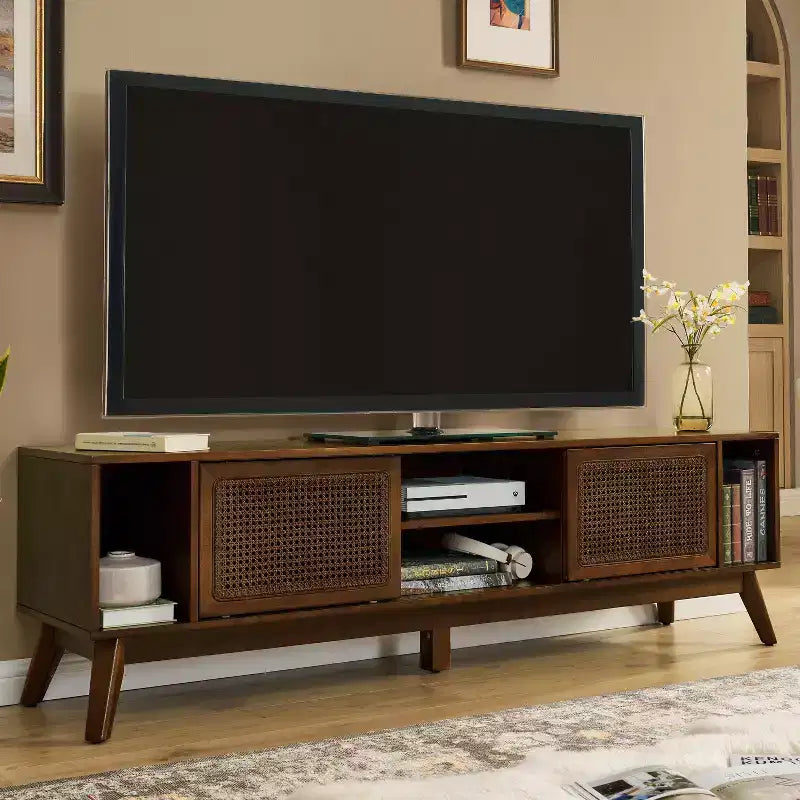 Mobile TV in legno e rattan con 2 ante scorrevoli - Stile Mid-Century Modern - 67.9