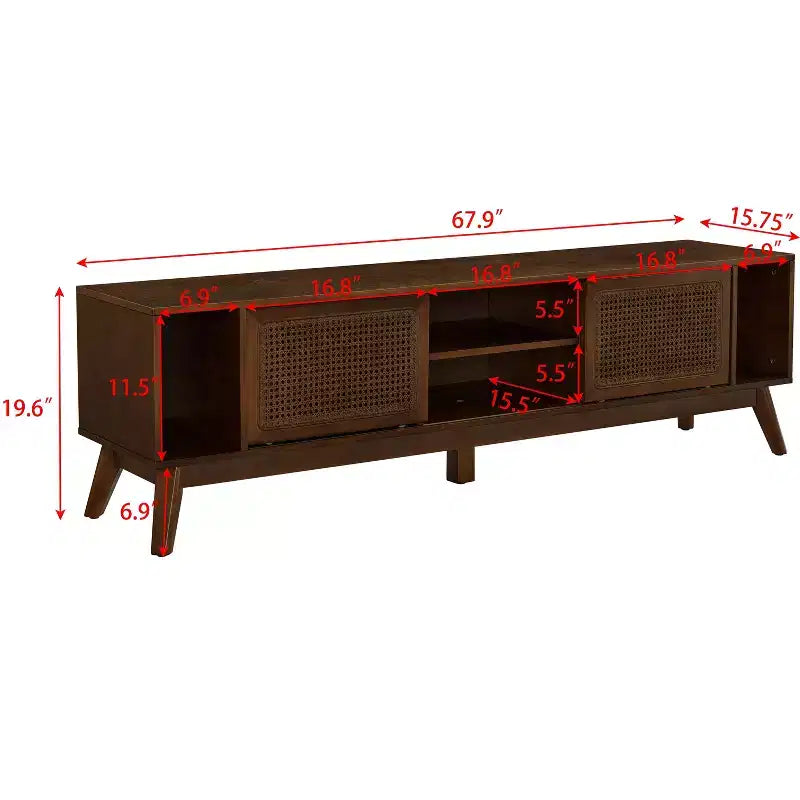 Mobile TV in legno e rattan con 2 ante scorrevoli - Stile Mid-Century Modern - 67.9