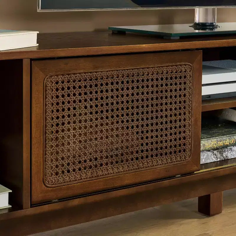 Mobile TV in legno e rattan con 2 ante scorrevoli - Stile Mid-Century Modern - 67.9