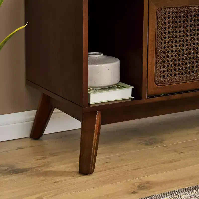 Mobile TV in legno e rattan con 2 ante scorrevoli - Stile Mid-Century Modern - 67.9
