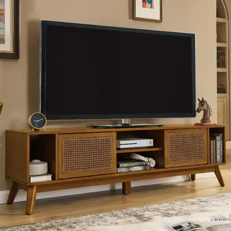 Mobile TV in legno e rattan con 2 ante scorrevoli - Stile Mid-Century Modern - 67.9