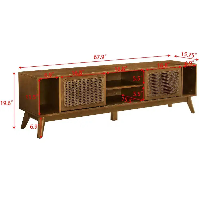 Mobile TV in legno e rattan con 2 ante scorrevoli - Stile Mid-Century Modern - 67.9