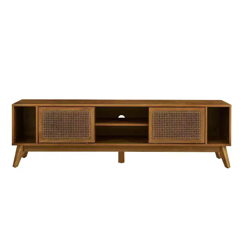 Mobile TV in legno e rattan con 2 ante scorrevoli - Stile Mid-Century Modern - 67.9