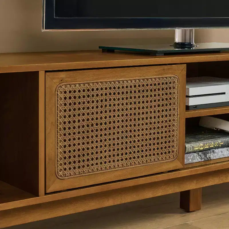 Mobile TV in legno e rattan con 2 ante scorrevoli - Stile Mid-Century Modern - 67.9