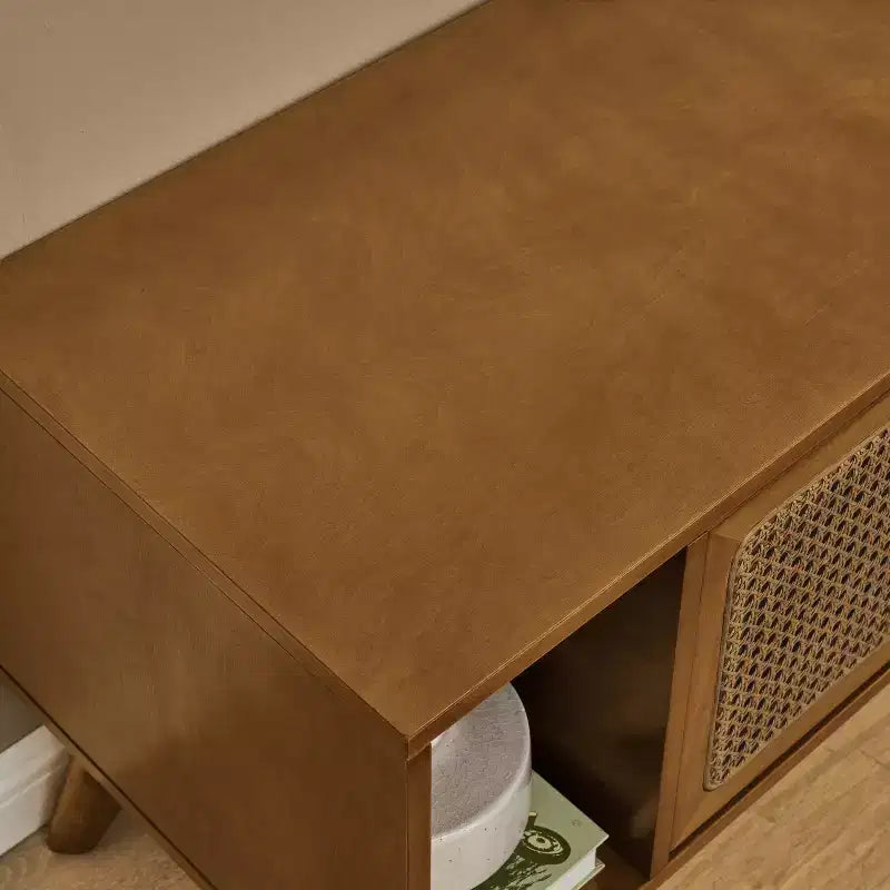 Mobile TV in legno e rattan con 2 ante scorrevoli - Stile Mid-Century Modern - 67.9