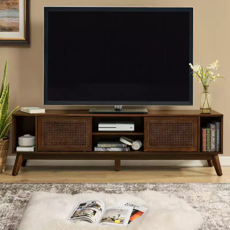 Mobile TV in legno e rattan con 2 ante scorrevoli - Stile Mid-Century Modern - 67.9