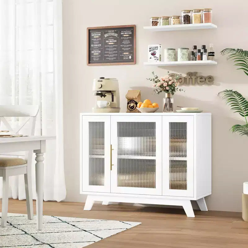 Mobile buffet con contenitore, credenza da 90 cm con ante in vetro scanalato, stazione caffè retrò con ripiano regolabile, bianco