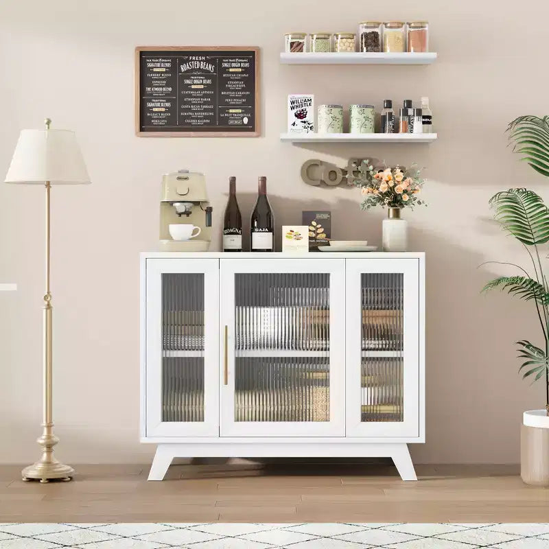 Mobile buffet con contenitore, credenza da 90 cm con ante in vetro scanalato, stazione caffè retrò con ripiano regolabile, bianco