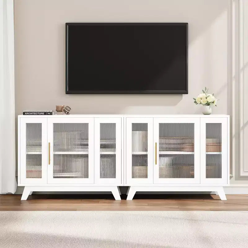 Mobile buffet con contenitore, credenza da 90 cm con ante in vetro scanalato, stazione caffè retrò con ripiano regolabile, bianco