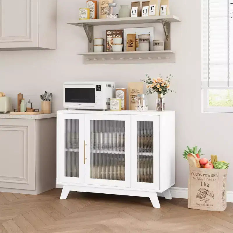 Mobile buffet con contenitore, credenza da 90 cm con ante in vetro scanalato, stazione caffè retrò con ripiano regolabile, bianco