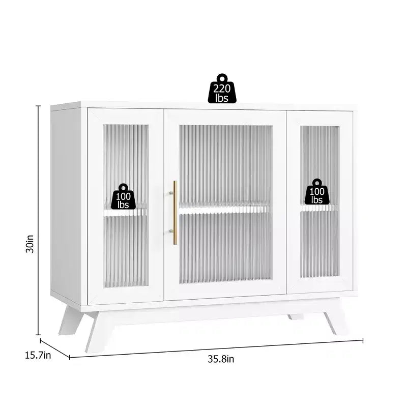 Mobile buffet con contenitore, credenza da 90 cm con ante in vetro scanalato, stazione caffè retrò con ripiano regolabile, bianco