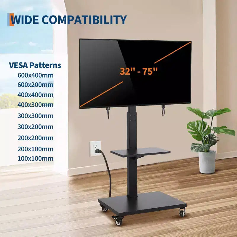 Carrello TV Mobile con Presa di Corrente - Inclinabile e Girevole a 360°, Regolabile in Altezza su Ruote per TV da 32-75 Pollici, Capacità Fino a 50 kg