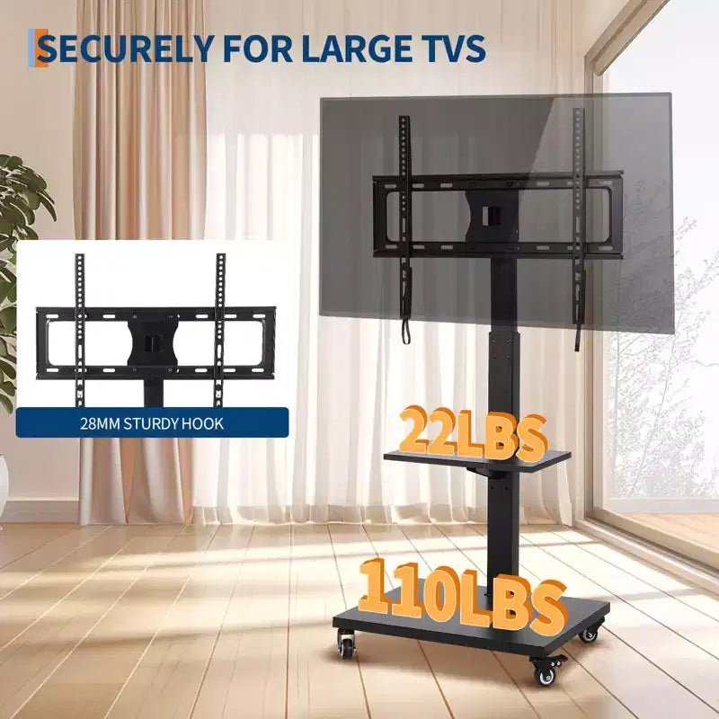 Carrello TV Mobile con Presa di Corrente - Inclinabile e Girevole a 360°, Regolabile in Altezza su Ruote per TV da 32-75 Pollici, Capacità Fino a 50 kg