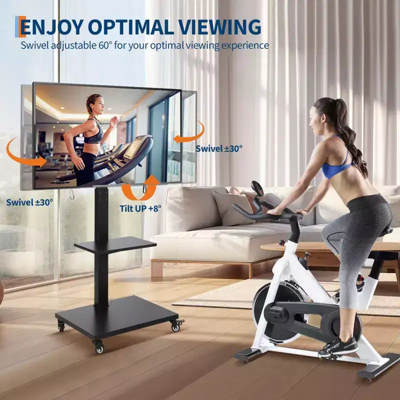 Carrello TV Mobile con Presa di Corrente - Inclinabile e Girevole a 360°, Regolabile in Altezza su Ruote per TV da 32-75 Pollici, Capacità Fino a 50 kg