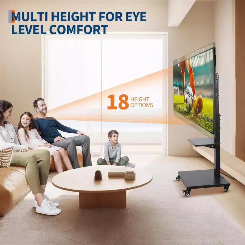 Carrello TV Mobile con Presa di Corrente - Inclinabile e Girevole a 360°, Regolabile in Altezza su Ruote per TV da 32-75 Pollici, Capacità Fino a 50 kg