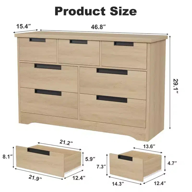 Cassettiera a 7 cassetti per camera da letto, Comò doppio moderno naturale con maniglie integrate, Cassettiera in legno per soggiorno, corridoio