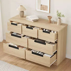 Cassettiera a 7 cassetti per camera da letto, Comò doppio moderno naturale con maniglie integrate, Cassettiera in legno per soggiorno, corridoio