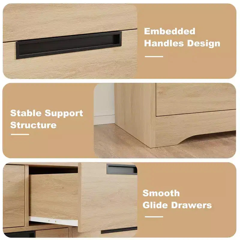 Cassettiera a 7 cassetti per camera da letto, Comò doppio moderno naturale con maniglie integrate, Cassettiera in legno per soggiorno, corridoio