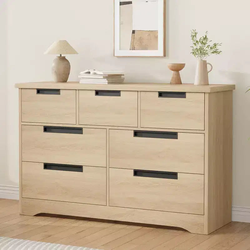 Cassettiera a 7 cassetti per camera da letto, Comò doppio moderno naturale con maniglie integrate, Cassettiera in legno per soggiorno, corridoio
