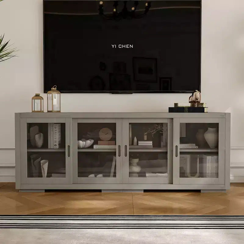 Famapy Industrial TV Stand for living Room: Sliding Glass Doors, Adjustable Shelves, Space - Smart Design Media Console