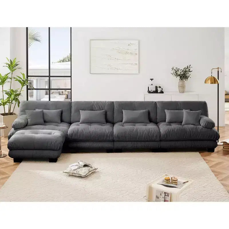 Divano a L a 4 posti per soggiorno, comodo divano Cloud con pouf convertibile, in ciniglia, colore caffè chiaro